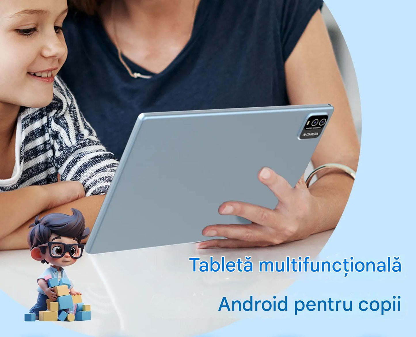Tableta Android 10 Inch, 12GB RAM, 128GB ROM, Wifi, Bluetooth, Husa Protectie Anti Shock, Pentru Copii