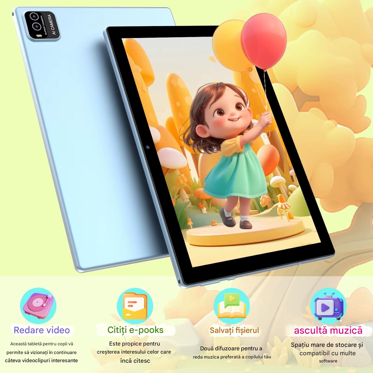 Tableta Android 10 Inch, 12GB RAM, 128GB ROM, Wifi, Bluetooth, Husa Protectie Anti Shock, Pentru Copii