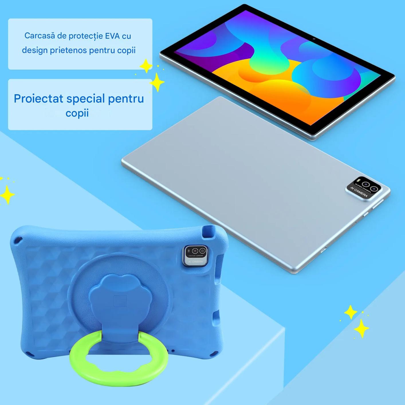 Tableta Android 10 Inch, 12GB RAM, 128GB ROM, Wifi, Bluetooth, Husa Protectie Anti Shock, Pentru Copii