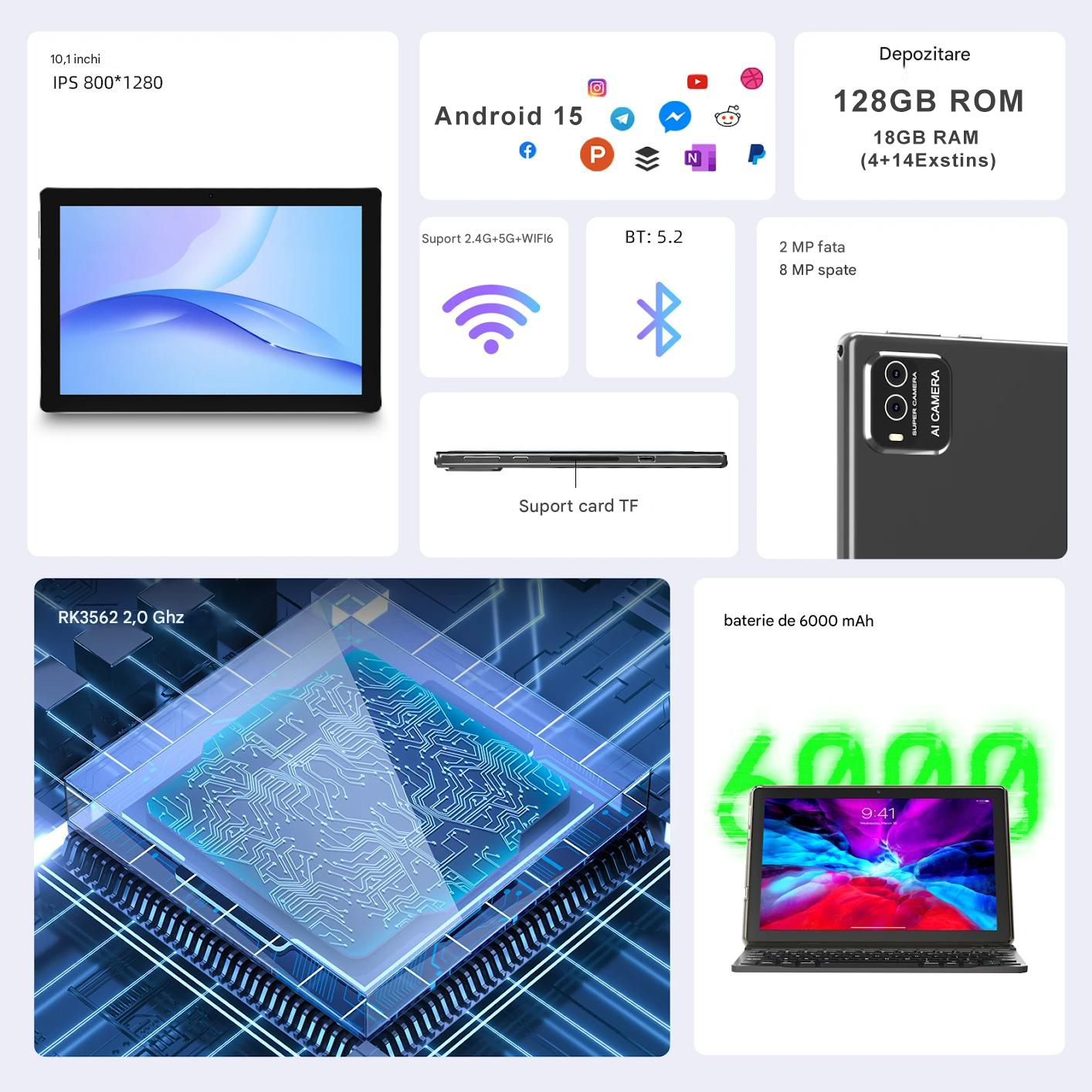 Tableta Android 10.1 inch, 18GB RAM, 128GB ROM, WiFi, cu Tastatura, Mouse, Carcasa de Protectie și Stilou