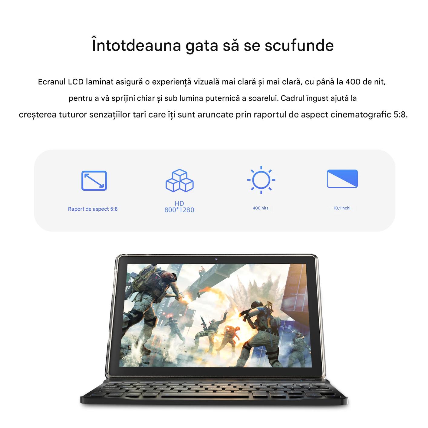 Tableta Android 10.1 inch, 18GB RAM, 128GB ROM, WiFi, cu Tastatura, Mouse, Carcasa de Protectie și Stilou