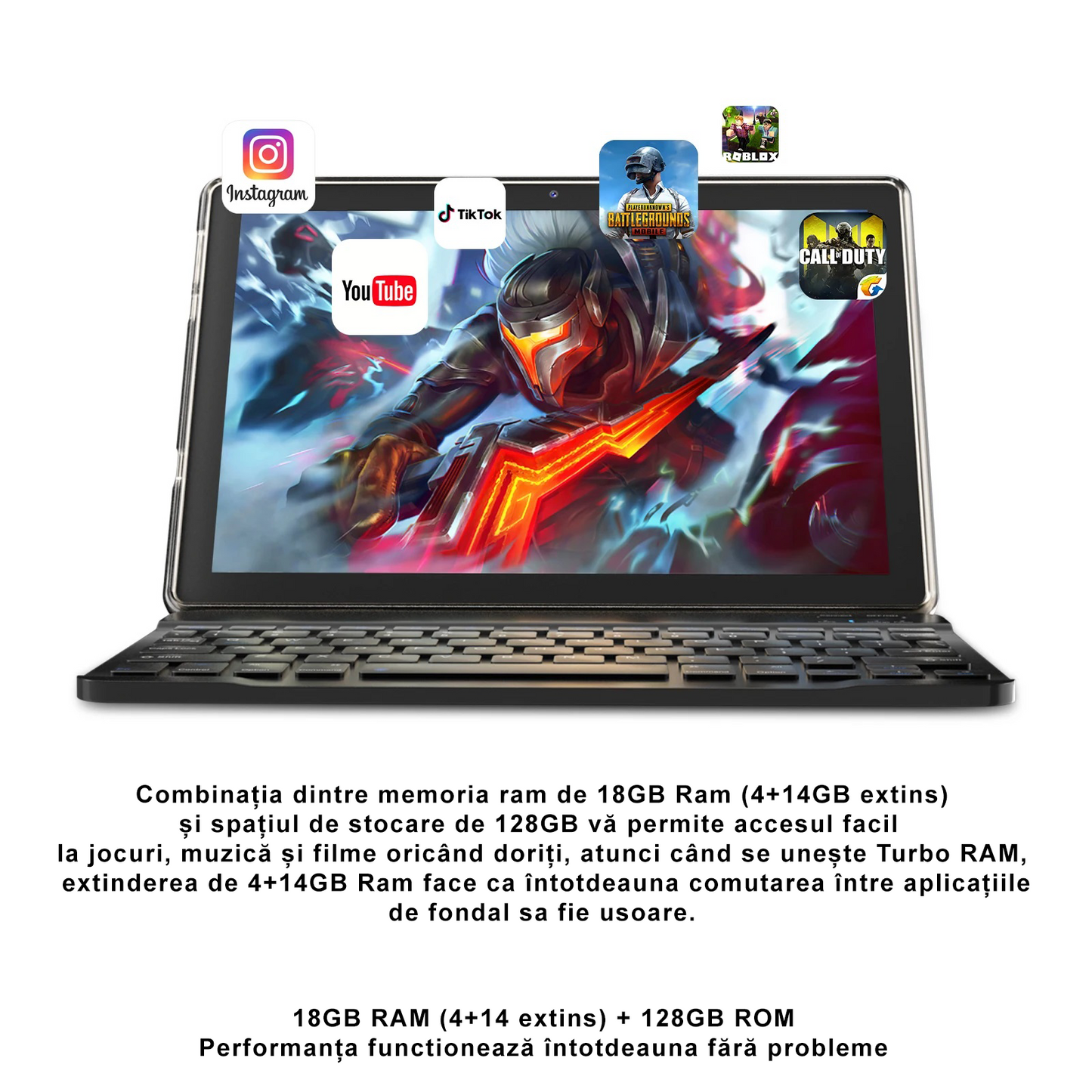 Tableta Android 10.1 inch, 18GB RAM, 128GB ROM, WiFi, cu Tastatura, Mouse, Carcasa de Protectie și Stilou