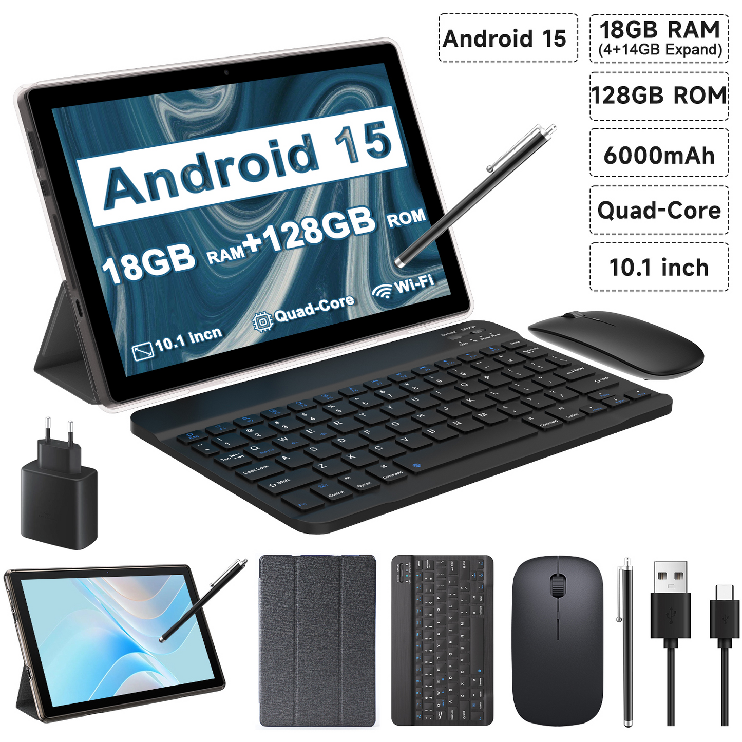 Tableta Android 10.1 inch, 18GB RAM, 128GB ROM, WiFi, cu Tastatura, Mouse, Carcasa de Protectie și Stilou
