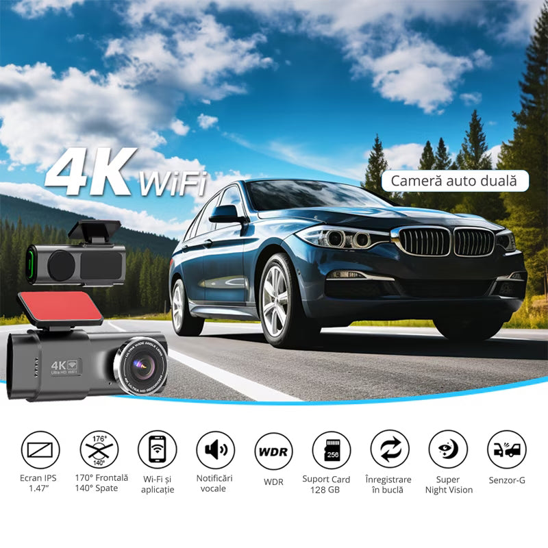 Camera auto de bord 4K, Rezolutie 3840x2160 Ultra HD, Conectivitate Wi-Fi, + Camera Spate 1080p