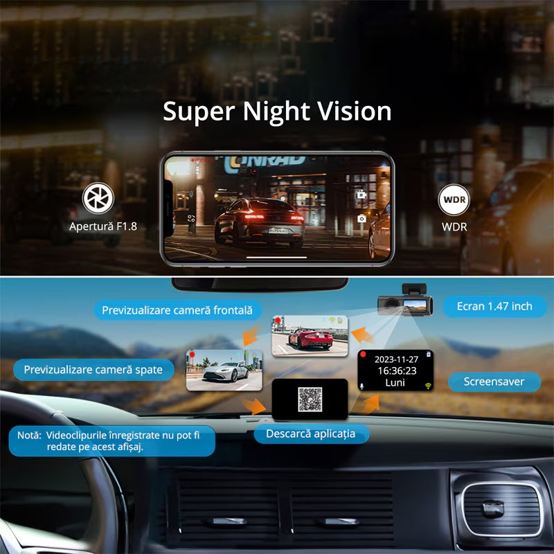 Camera auto de bord 4K, Rezolutie 3840x2160 Ultra HD, Conectivitate Wi-Fi, + Camera Spate 1080p