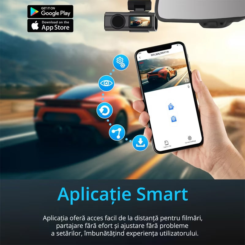 Camera auto de bord 4K, Rezolutie 3840x2160 Ultra HD, Conectivitate Wi-Fi, + Camera Spate 1080p