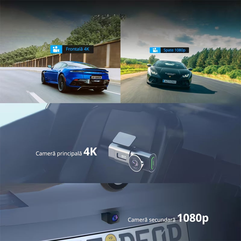 Camera auto de bord 4K, Rezolutie 3840x2160 Ultra HD, Conectivitate Wi-Fi, + Camera Spate 1080p