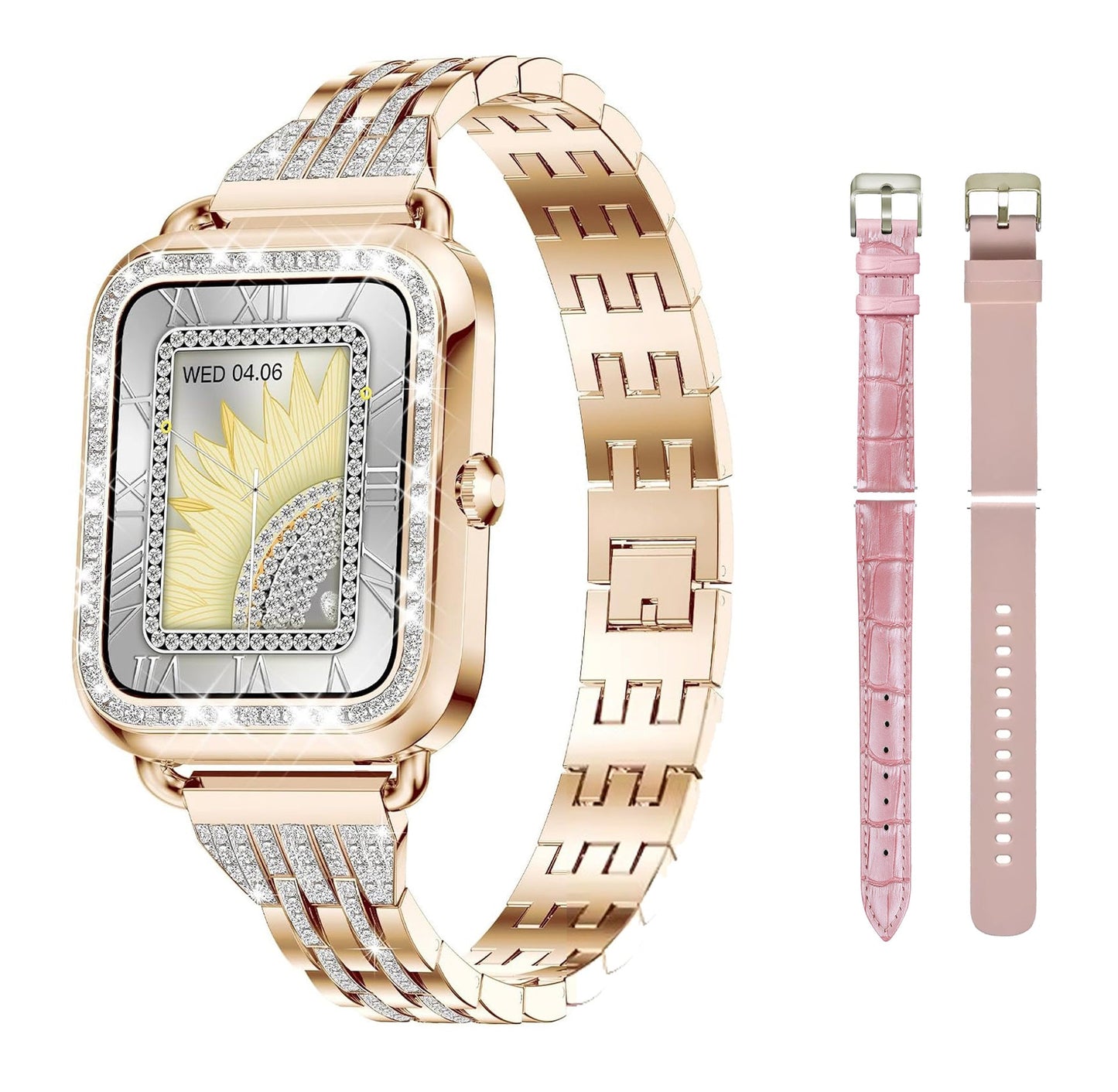 Smartwatch Dama Elegant, Bratari, Silicon, Piele si Metalica cu Pietricele, Masurare Oxigen in sange, Ritm cardiac, Sport, Somn
