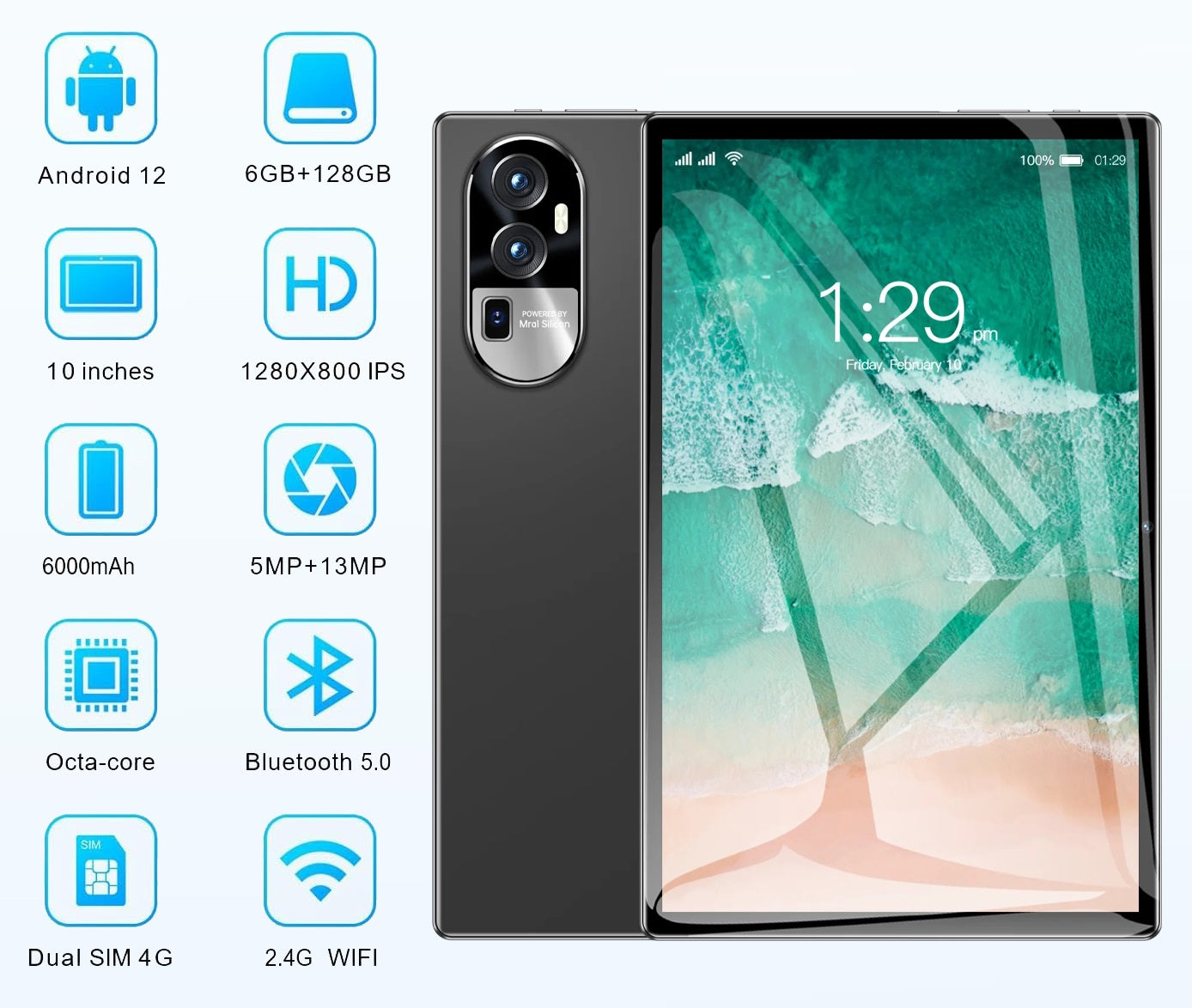 Tableta 10 inch, Android 12, 6GB RAM+128GB ROM, procesor 8-core, slot SIM, slot SD CARD, WiFi, Bluetooth, Camera dubla, Baterie de 6000mAh