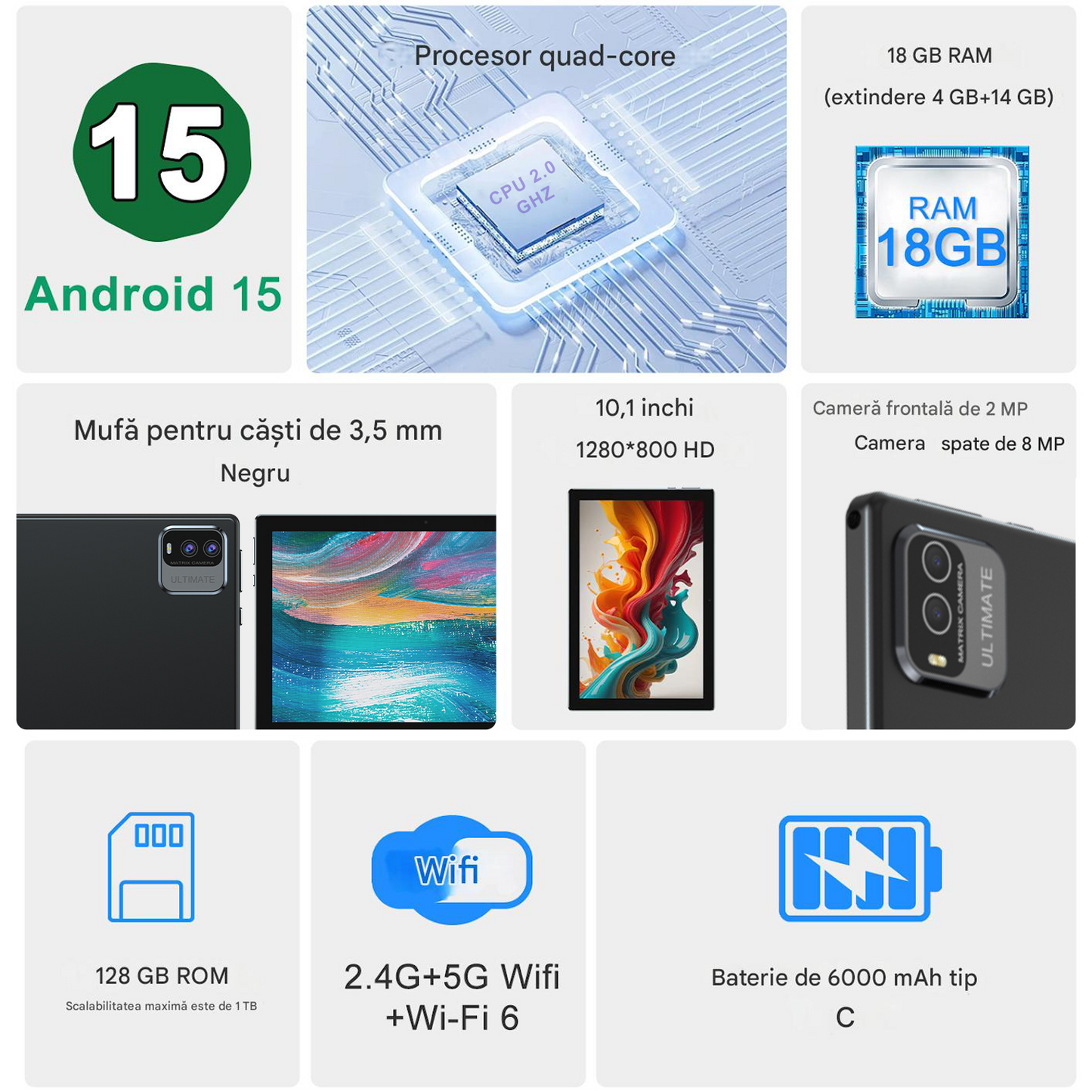 Tableta Android 10.1 inch, 18GB RAM, 128GB ROM, WiFi, cu Tastatura, Mouse, Carcasa de Protectie și Stilou