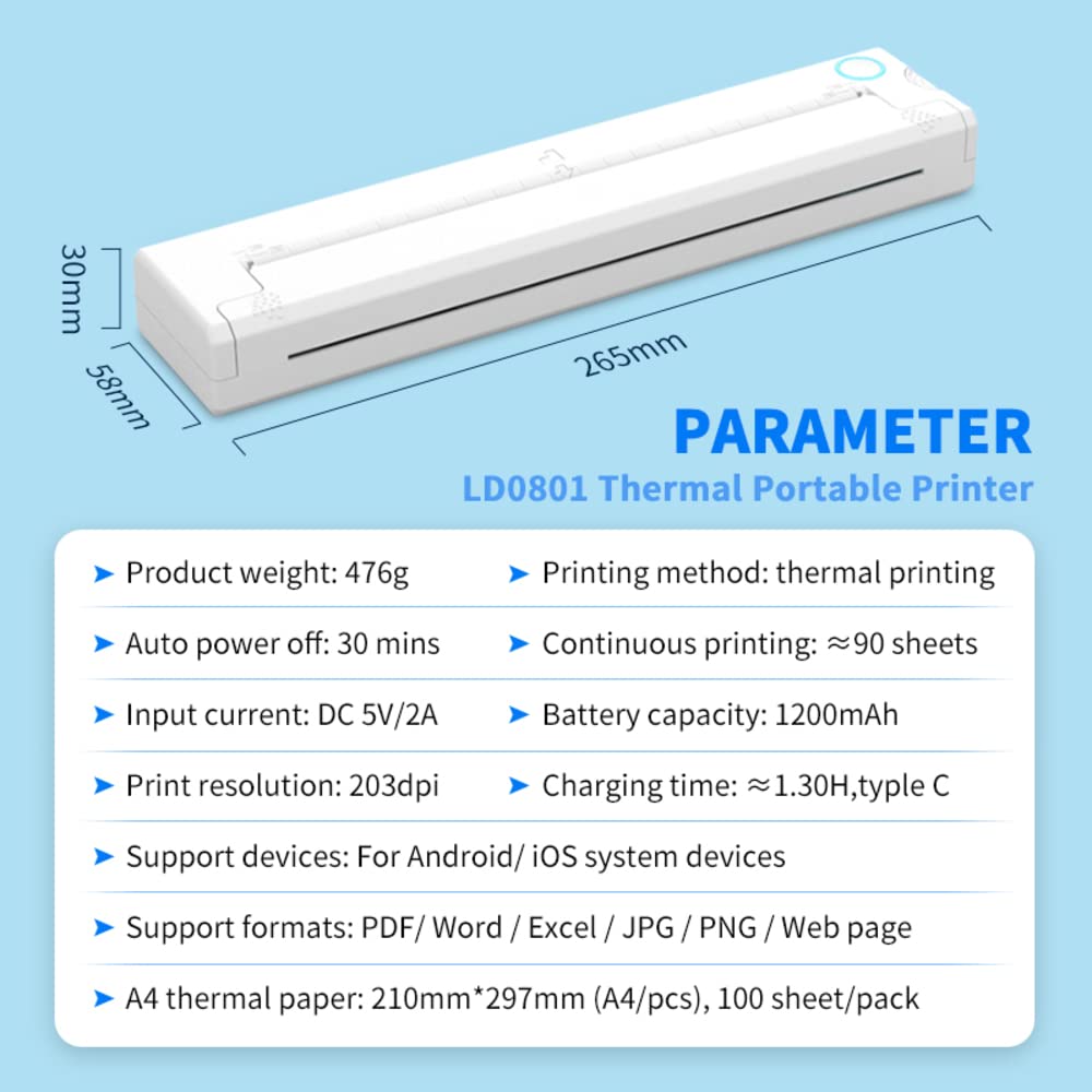 Mini imprimanta termica, portabila, fara fir, A4, A5, Bluetooth, USB, Aplicatie SmartPhone