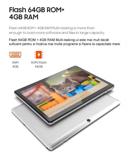 Tableta 10 inch Android, Procesor 10 nuclee, Baterie 7500mAh, 64GB ROM+4GB RAM, WiFi, Bluetooth, Camera dubla