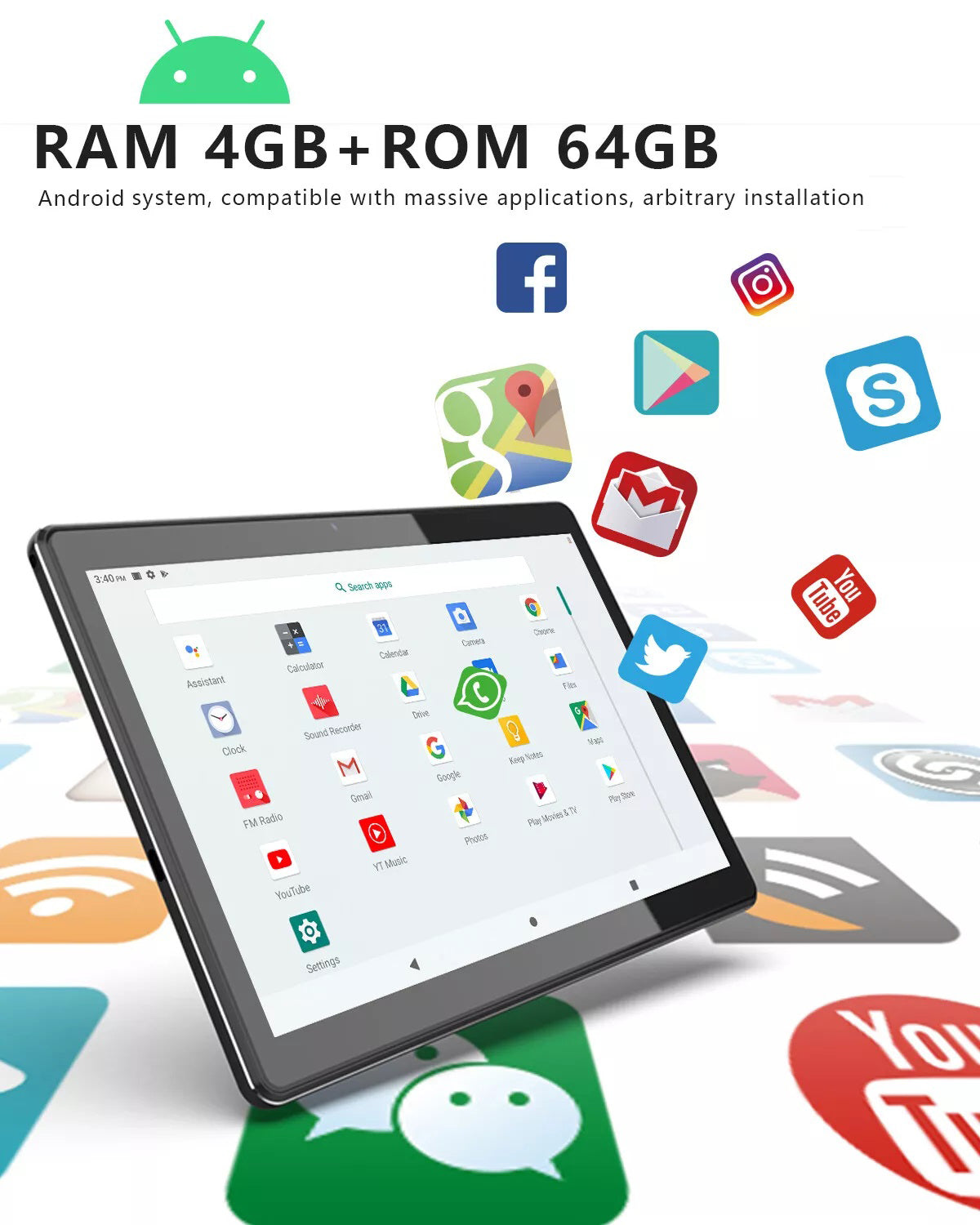 10 inch Android tablet, 10-core processor, 7500mAh battery, 64GB ROM+4GB RAM, WiFi, Bluetooth, Double camera