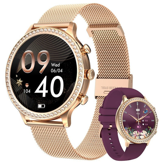 SmartWatch Dama, Auriu, Gold, Elegant, Curea metal, Curea silicon, Masurare Oxigen in sange, Ritm cardiac, Sport, Somn