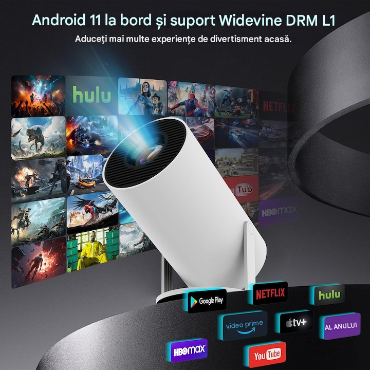 Videoproiector Portabil Smart 4K Ultra HD cu WiFi6, Bluetooth 5.0, Autofocus, Proiectie Ajustabila
