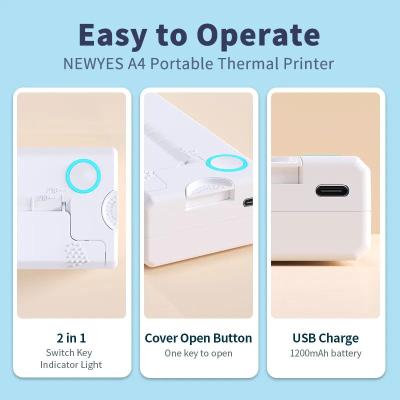 Mini imprimanta termica, portabila, fara fir, A4, A5, Bluetooth, USB, Aplicatie SmartPhone