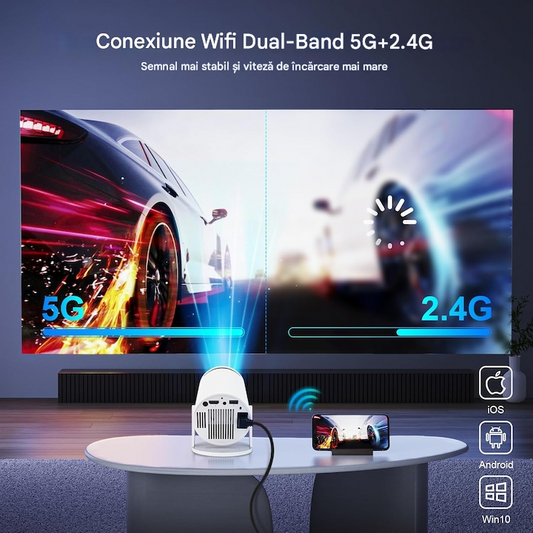 Videoproiector Portabil Smart 4K Ultra HD cu WiFi6, Bluetooth 5.0, Autofocus, Proiectie Ajustabila