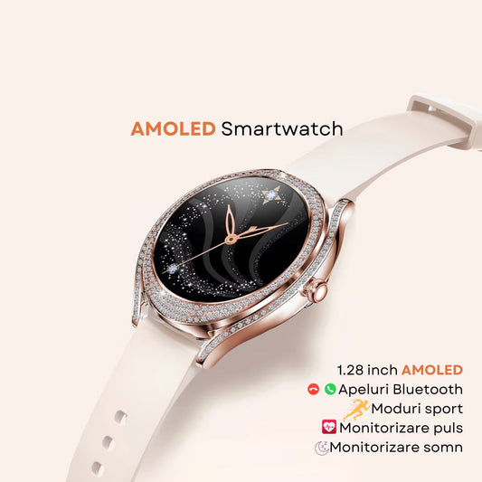 Smartwatch Dama Elegant, Bratara Metalica, Silicon si Piele, Masurare Oxigen in sange, Ritm cardiac, Sport, Somn