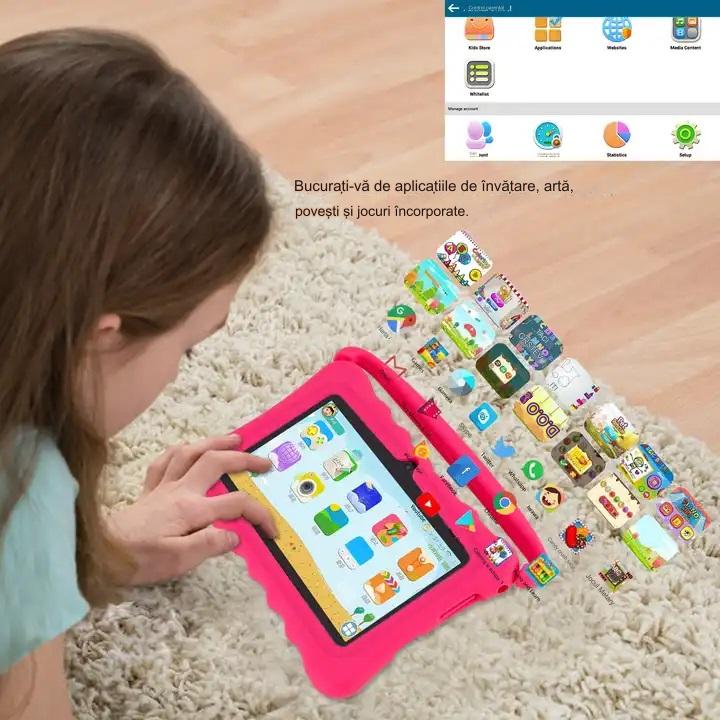 Tablet infantil Android WiFi de 7 pulgadas con protección antigolpes, cámara dual, juegos, dibujos, aplicaciones, educativa, modelo con asa