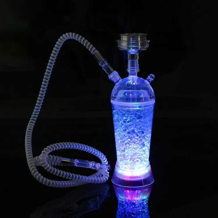 Portable hookah, with multicolor LED lights 32x9.5 cm, Innovative transparent design with blue elements, Dense and pleasant smoke