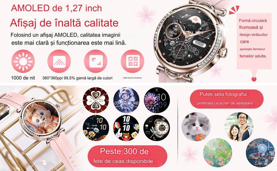 Smartwatch Dama, CF32, Bratari, Silicon, Piele si Metalica cu Pietricele, Masurare Oxigen in sange, Ritm cardiac, Sport, Somn - Specializat.ro