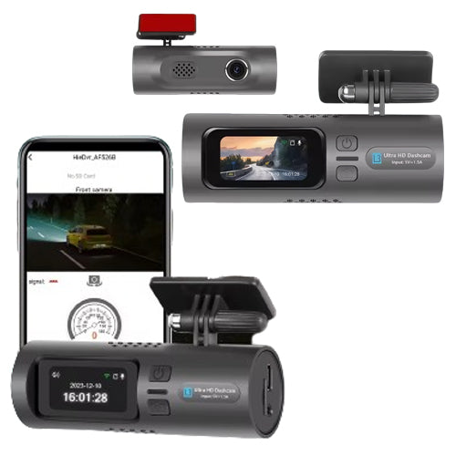 Camera auto de bord 4K, Rezolutie 3840 x 2160 Ultra HD, Conectivitate Wi-Fi, + Camera Spate HD