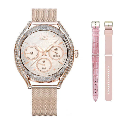 Smartwatch Dama Elegant, Bratara Metalica, Silicon si Piele, Masurare Oxigen in sange, Ritm cardiac, Sport, Somn