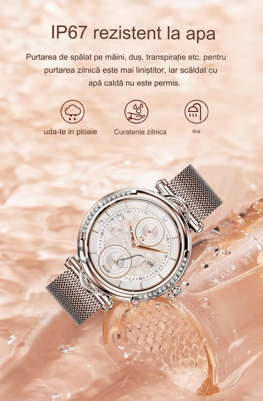 Smartwatch Dama UNLINES, CF32, Bratari, Silicon, Piele si Metalica cu Pietricele, Masurare Oxigen in sange, Ritm cardiac, Sport, Somn
